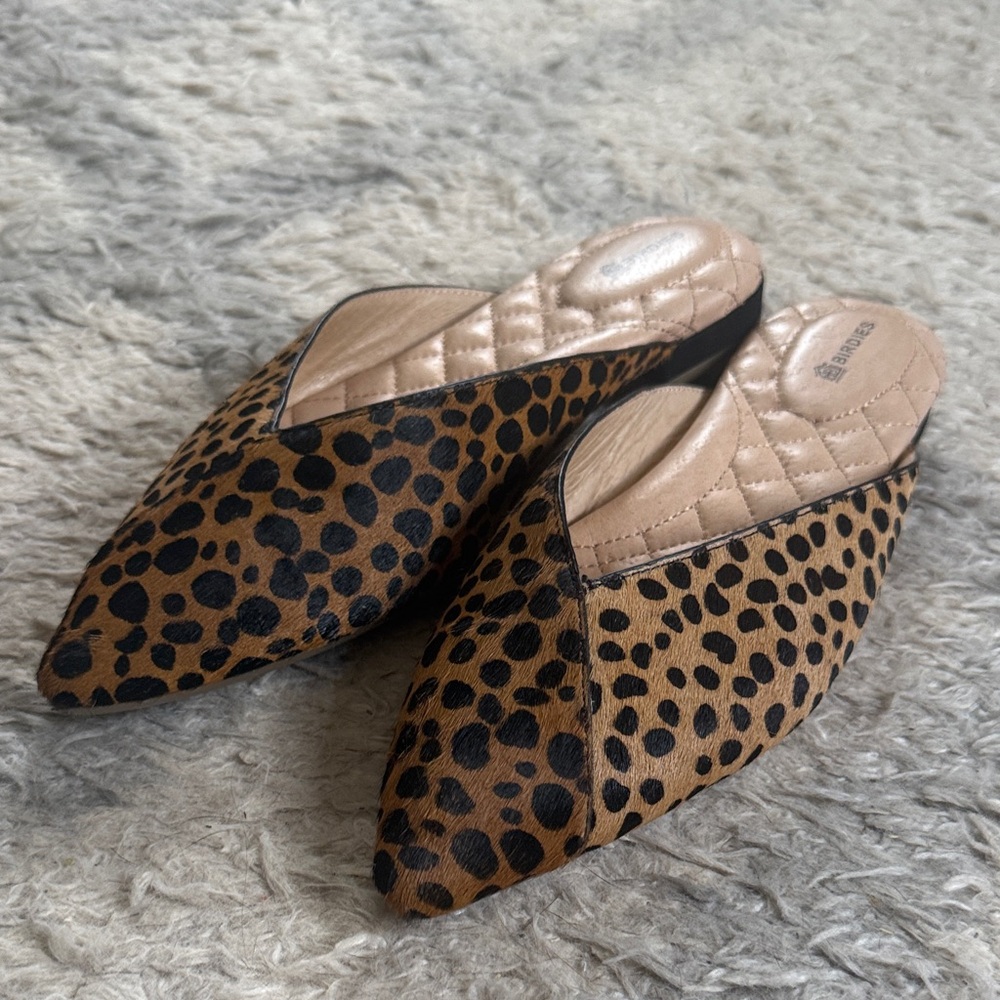 Birdies Leopard Print Pointed Slide Mules in Tan and Black. Worn once